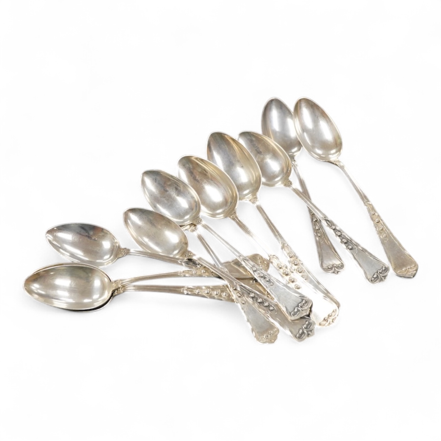 A set of eleven continental Art Nouveau .800 silver teaspoons length 14.8 cm., weight approx. 6.98ozt